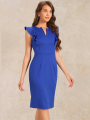 Ruffles V Neck Split Work Pencil Sleeveless Sheath Dress
