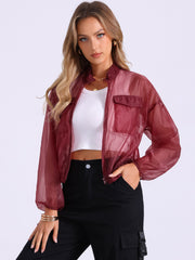 Sheer Zip Up Long Sleeve See Through Bomber Jacket