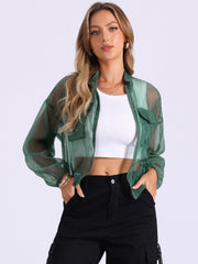 Sheer Zip Up Long Sleeve See Through Bomber Jacket