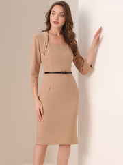 Work Office Dress 3/4 Sleeve Belted Sweetheart Neck Sheath Dress