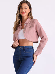 Collared Button Down Long Sleeve Denim Crop Jean Jacket