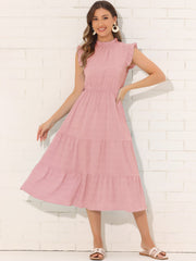 Mock Neck Ruffled Textured Cap Sleeve Tiered Midi Dress