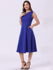 Notch Neck Pocketed Work Office A-Line Midi Dress