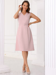 V Neck Sleeveless Belted A-Line Midi Work Dress