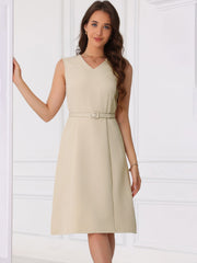 V Neck Sleeveless Belted A-Line Midi Work Dress