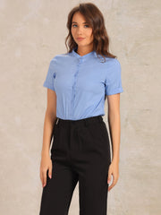 Button Down Stand Collar Short Sleeve Office Work Shirt Bodysuits