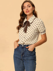 Polka Dot Peter Pan Collar Bow Tie Neck Puff Sleeve Vintage Shirt