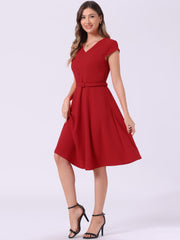 Belted V Neck Cap Sleeve Flowy A-line Midi Dress
