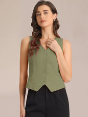 Sleeveless Solid Button Down V Neck Waistcoat Vest
