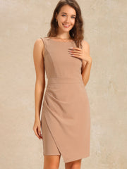 Boat Neck Ruched Work Office Sleeveless Midi Sheath Dress