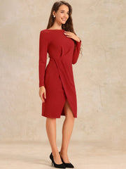 Boat Neck Long Sleeves Ruched Slit Sheath Midi Dress