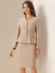 2 Piece Long Sleeve Collarless Peplum Blazer and Pencil Skirt Work Suit Set