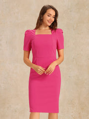 Square Neck Puff Sleeve Rear Slit Business Casual Midi Sheath Dress