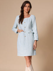 Tweed Square Neck Long Sleeve Pockets Plaid Mini Dress