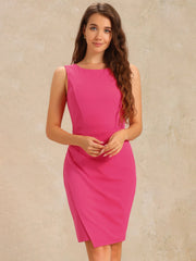 Boat Neck Ruched Work Office Sleeveless Midi Sheath Dress