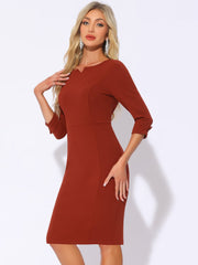 3/4 Sleeve Notch Neck Slim Fit Work Pencil Midi Dress