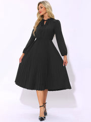 A-Line Flowy Long Sleeve Tie V Neck Pleated Midi Dress