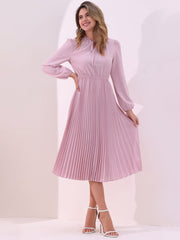 A-Line Flowy Long Sleeve Tie V Neck Pleated Midi Dress