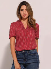 Short Sleeve Casual Cherry Print Notched Lapel Collar Shirt Blouse