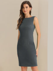 Sleeveless Boat Neck Casual Office Solid Midi Sheath Dress