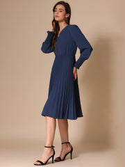 Smocked Long Sleeve Flowy A-Line Midi Pleated Dress