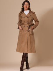 Faux Suede Notched Lapel Double Breasted Belted Long Sleeve Trench Coat