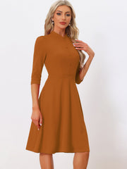Retro 3/4 Sleeve Stand Collar Office Work Elegant A-Line Dress