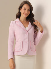 Plaid Tweed Notched Lapel Button Long Sleeve Blazer Jackets
