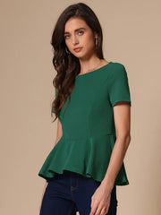Short Sleeve Round Neck Solid Color Peplum Blouse