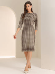 Houndstooth 3/4 Sleeve Elegant Cinched Waist Sheath Dress
