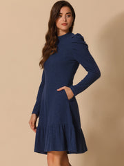 Stretchy Puff Long Sleeve Ruffle Hem Knit Midi Sweater Dress