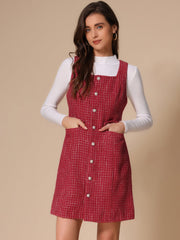 Tweed Sleeveless Button Up Pockets A-Line Pinafore Overall Dress