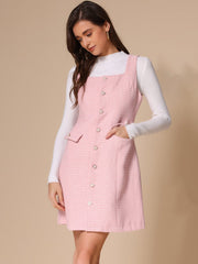 Tweed Sleeveless Button Up Pockets A-Line Pinafore Overall Dress