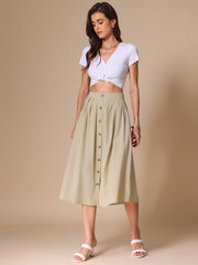 A-Line Elastic Waist Button Front Pocketed Midi Skirt
