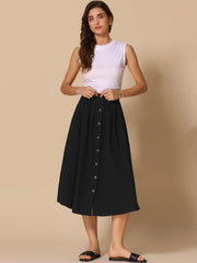 A-Line Elastic Waist Button Front Pocketed Midi Skirt
