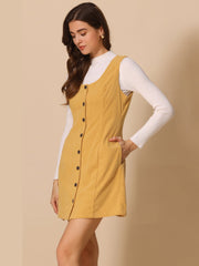 Corduroy Overall Scoop Neck Sleeveless Button Pinefore Dress