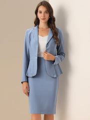 2 Piece Long Sleeve Notched Lapel Peplum Blazer Pencil Skirt Suit Set
