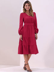Lantern Sleeve Pocketed Ruffled Tiered A-Line Midi Dress