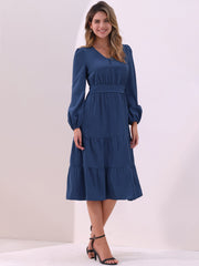 Lantern Sleeve Pocketed Ruffled Tiered A-Line Midi Dress