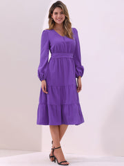 Lantern Sleeve Pocketed Ruffled Tiered A-Line Midi Dress