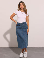 Casual High Waisted Flap Pocket A-Line Long Denim Jean Skirt