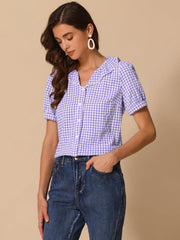 Plaid Blouse Puff Sleeve Ruffle Peter Pan Collar Shirt Top