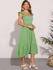 Boho Square Neck Ruffle Tiered Flowy Smocked Midi Dress Sundress