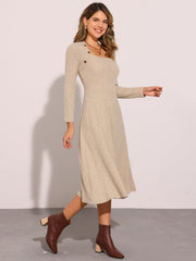 Casual Square Neck A-Line Pockets Midi Knitted Sweater Dress