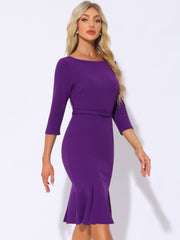 Business Elegant Boat Neck Half Sleeve Pleated Midi Solid Dress