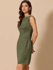 Faux Suede Boat Neck Sleeveless Sheath Midi Dress