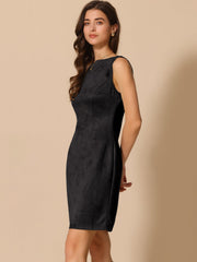 Faux Suede Boat Neck Sleeveless Sheath Midi Dress