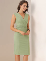 Solid Color V Neck Sleeveless Belted Business Office Midi Sheath Dress
