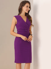 Solid Color V Neck Sleeveless Belted Business Office Midi Sheath Dress