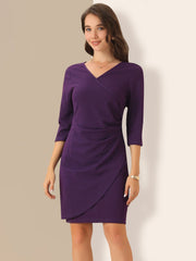 3/4 Sleeve Solid Color Ruched V Neck Midi Sheath Dress